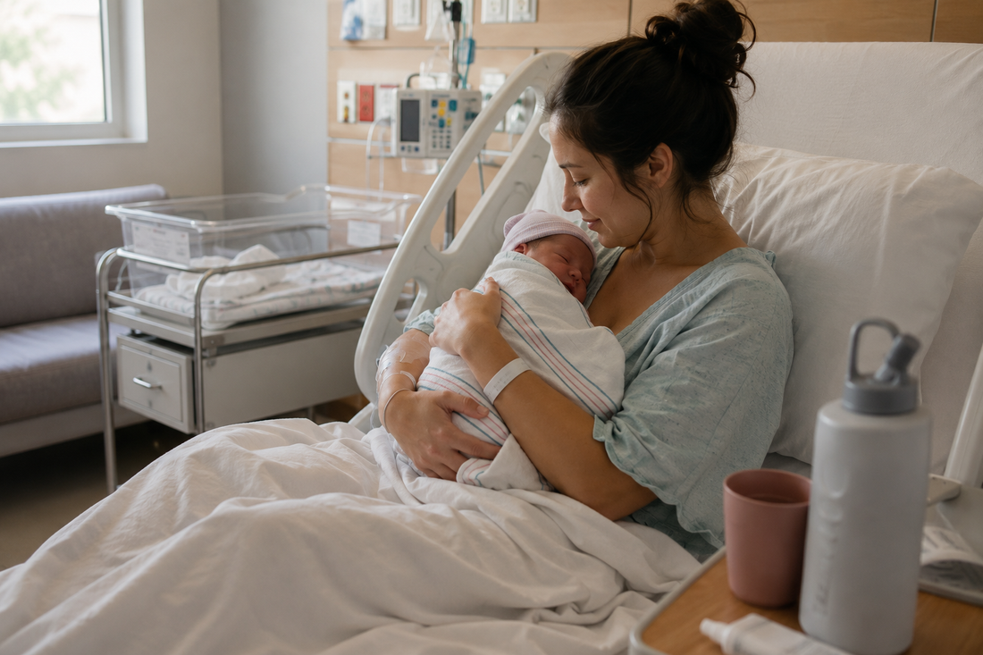 Mother holding her newborn in a calm hospital delivery room after birth